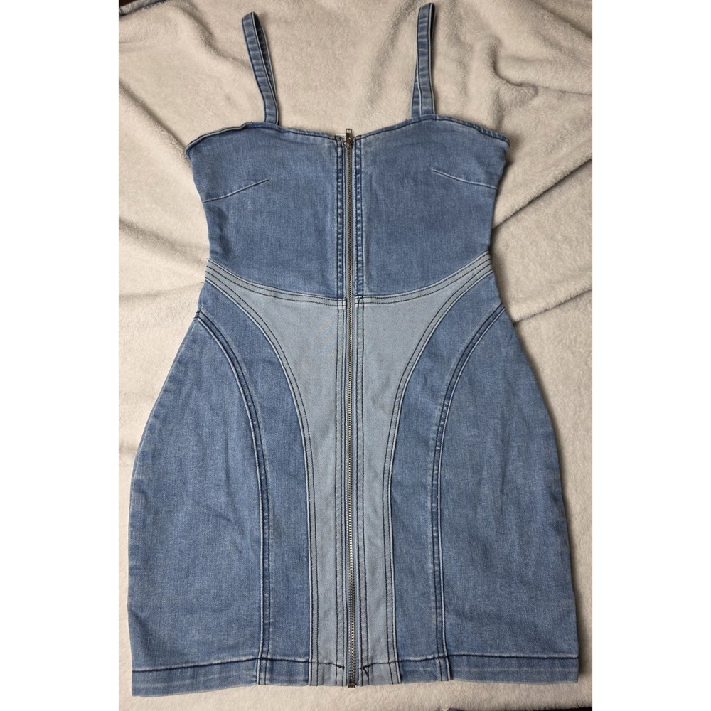 Forever 21 Womens S Denim Mini Dress Blue Two Tone Zip Front Bodycon Strappy